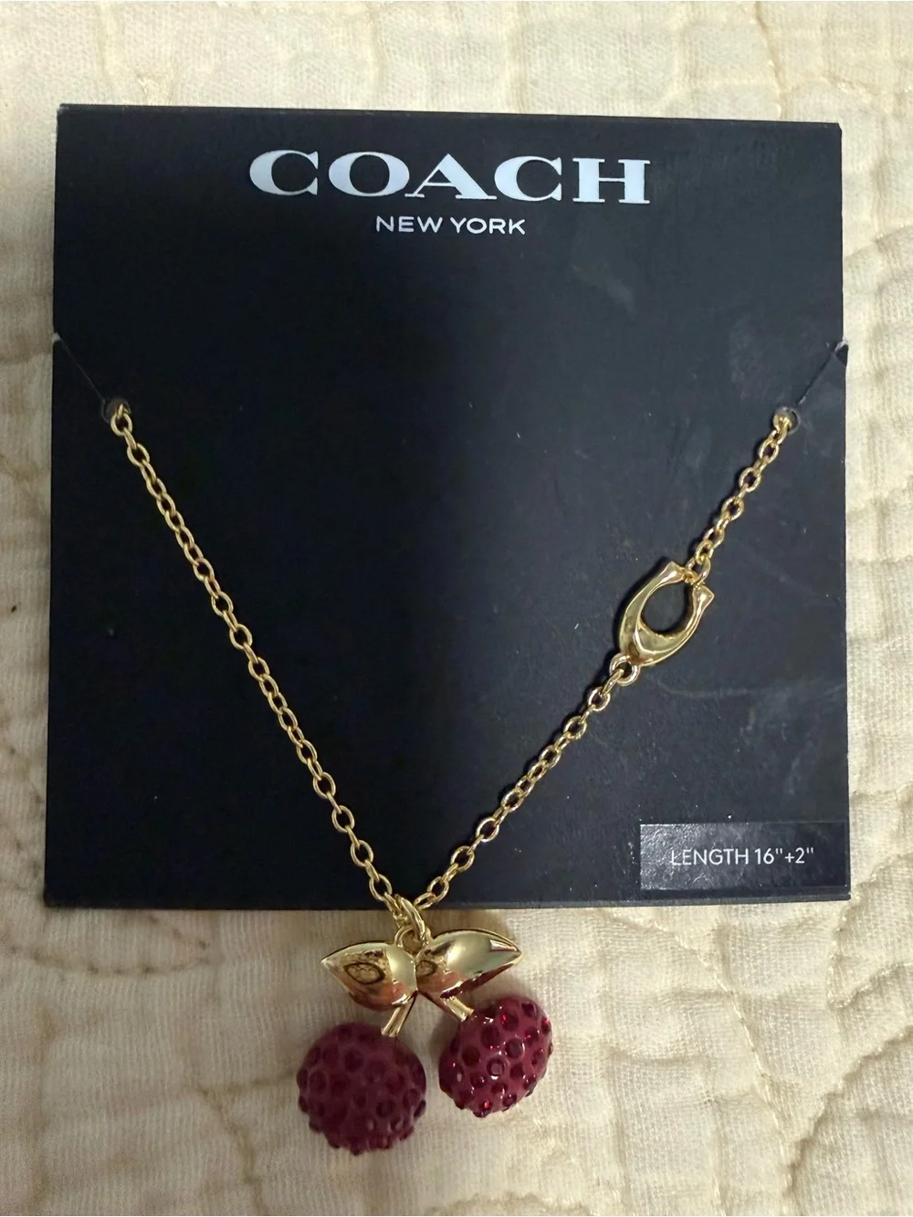 COACH Gold-Tone Cherry Necklace with Red Crystal Cherries! NWT